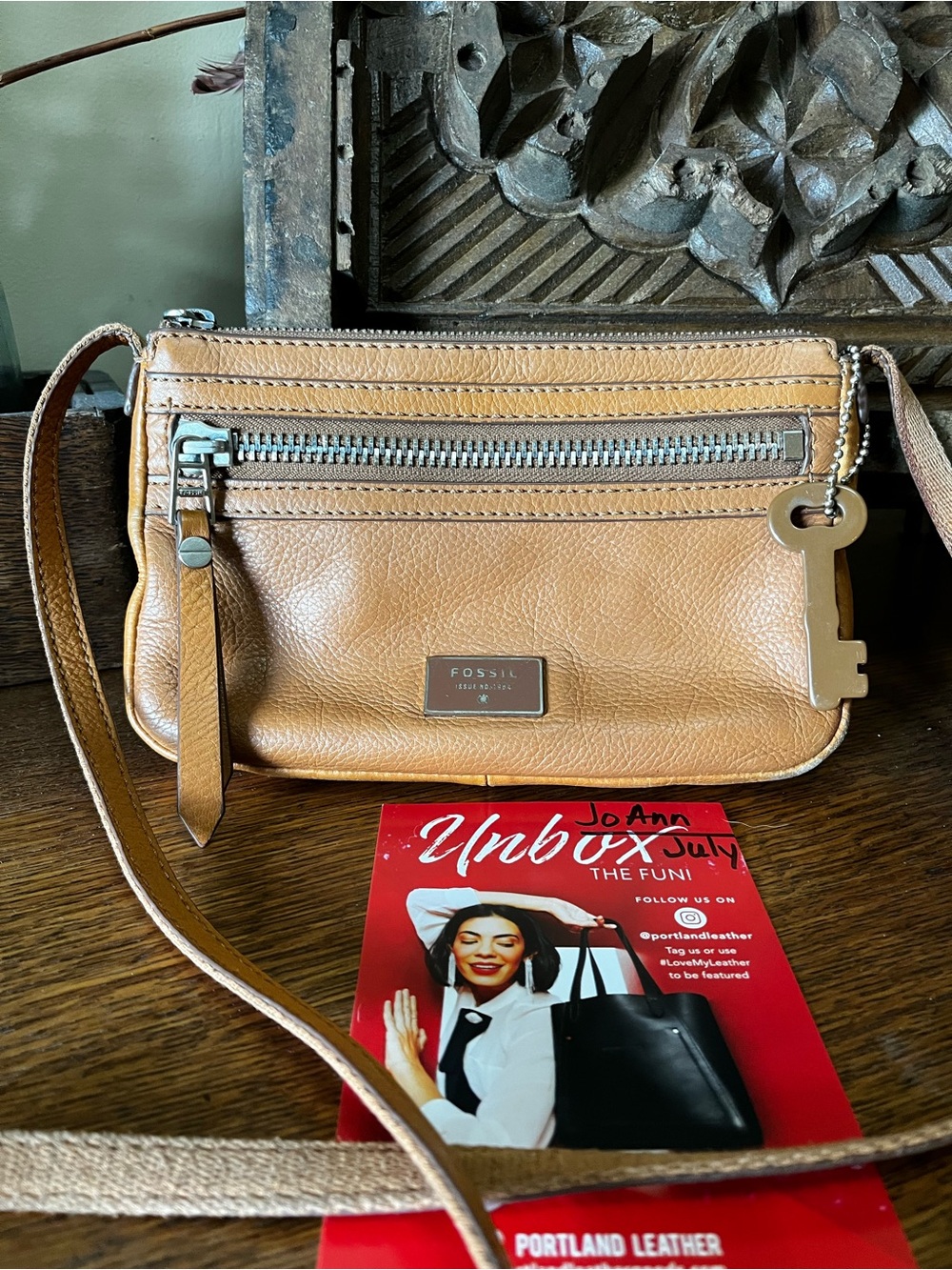 Fossil Dawson Tan Pebbled Leather Crossbody with Silver Hardware